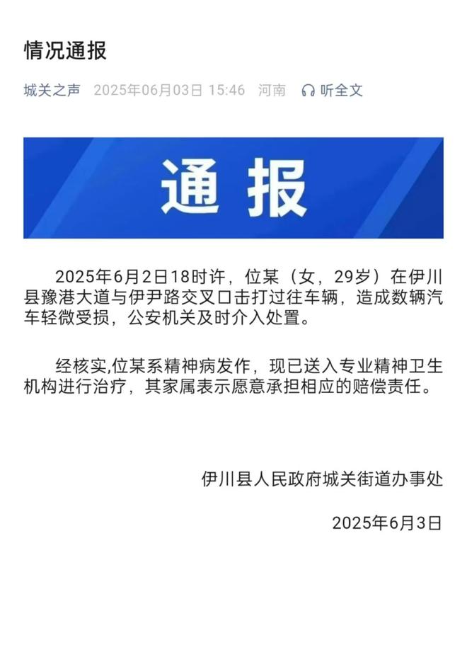 轿车通报：系精神病发作家属愿意承担赔偿pg电子免费模拟器女子持械当街打砸多辆(图3)